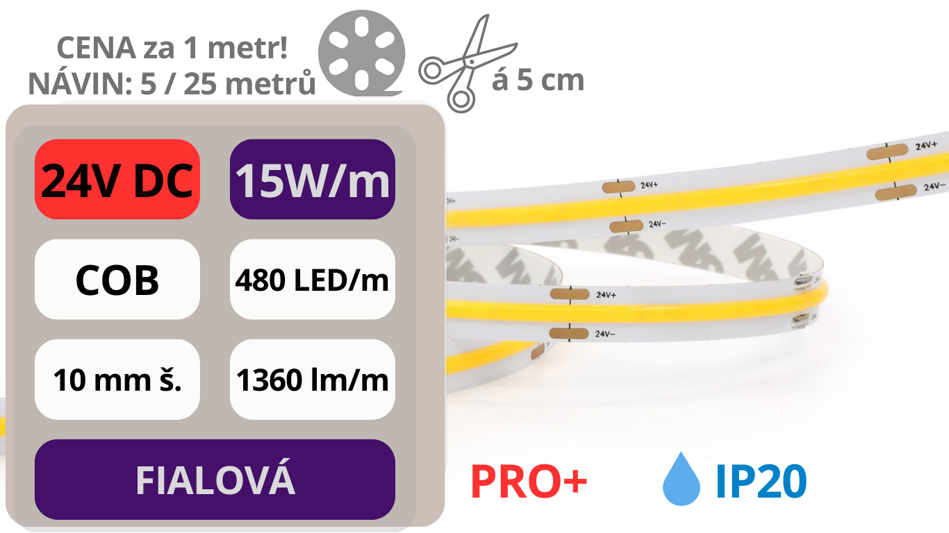 LED pásek COB 24V / 480LED / 15W / FIALOVÁ / IP20 / 10mm / PRO+